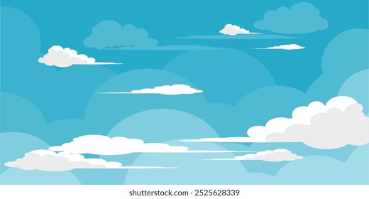 Ilustração de Céu com Nuvens em estilo plano. Fundo do céu e das nuvens. Ilustração de desenho animado de vetor nublado em cor azul. Natureza abstrata papel de parede.