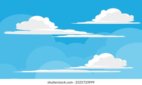 Sky with Clouds illustration in flat style. Sky and clouds background. Cloudy vector cartoon illustration in blue color. Nature abstract wallpaper.