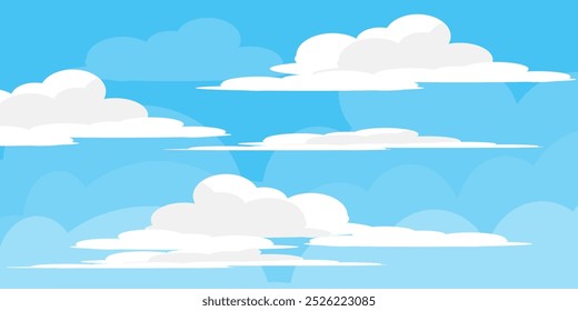 Ilustração de Céu com Nuvens em estilo plano. Fundo do céu e das nuvens. Ilustração de desenho animado de vetor nublado em cor azul. Natureza abstrata papel de parede.