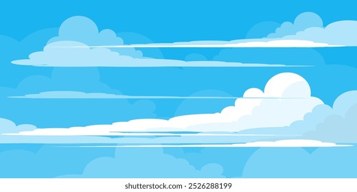 Cielo con la ilustración de las nubes en estilo plano. Cielo y fondo de nubes. Ilustración de dibujos animados de Vector nublado en color azul. Fondo de pantalla abstracto de Naturaleza.