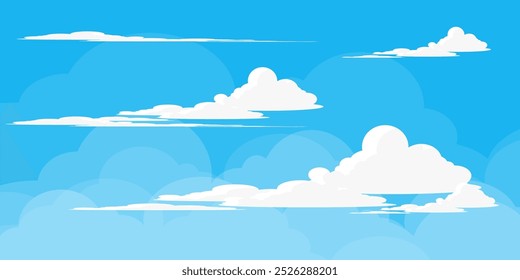 Sky with Clouds illustration in flat style. Sky and clouds background. Cloudy vector cartoon illustration in blue color. Nature abstract wallpaper.