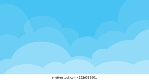 Cielo con la ilustración de las nubes en estilo plano. Cielo y fondo de nubes. Ilustración de dibujos animados de Vector nublado en color azul. Fondo de pantalla abstracto de Naturaleza.
