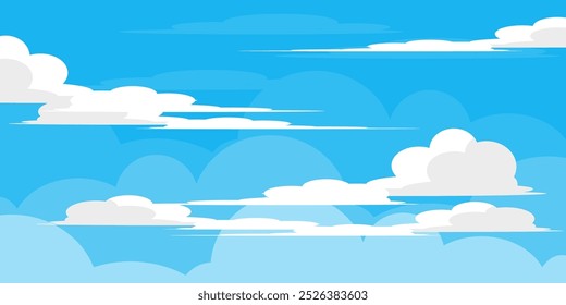 Sky with Clouds illustration in flat style. Sky and clouds background. Cloudy vector cartoon illustration in blue color. Nature abstract wallpaper.