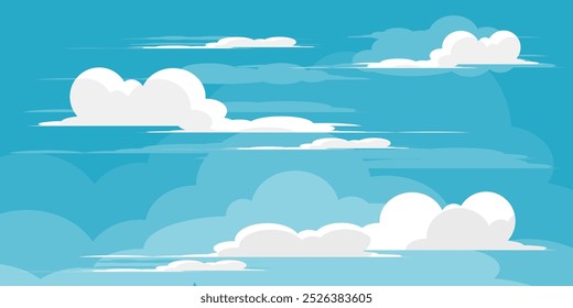 Ilustração de Céu com Nuvens em estilo plano. Fundo do céu e das nuvens. Ilustração de desenho animado de vetor nublado em cor azul. Natureza abstrata papel de parede.