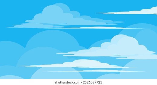 Sky with Clouds illustration in flat style. Sky and clouds background. Cloudy vector cartoon illustration in blue color. Nature abstract wallpaper.