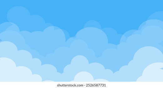 Sky with Clouds illustration in flat style. Sky and clouds background. Cloudy vector cartoon illustration in blue color. Nature abstract wallpaper.