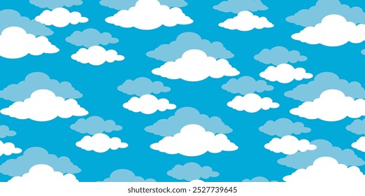 Sky with Clouds illustration in flat style. Sky and clouds background. Cloudy vector cartoon illustration in blue color. Nature abstract wallpaper.