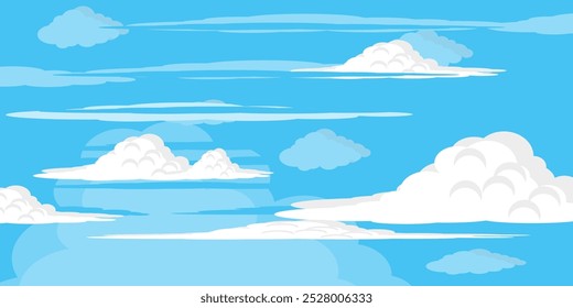 Cielo con la ilustración de las nubes en estilo plano. Cielo y fondo de nubes. Ilustración de dibujos animados de Vector nublado en color azul. Fondo de pantalla abstracto de Naturaleza.