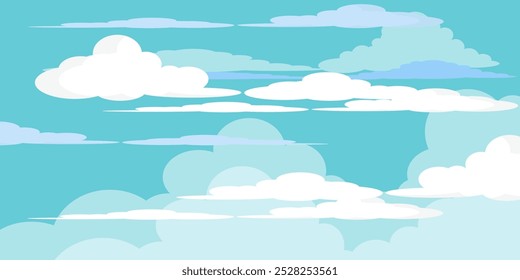 Sky with Clouds illustration in flat style. Sky and clouds background. Cloudy vector cartoon illustration in blue color. Nature abstract wallpaper.