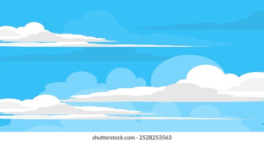 Sky with Clouds illustration in flat style. Sky and clouds background. Cloudy vector cartoon illustration in blue color. Nature abstract wallpaper.