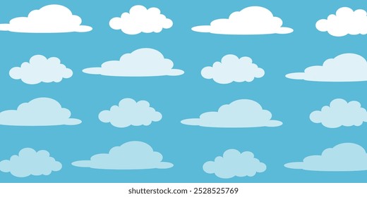 Sky with Clouds illustration in flat style. Sky and clouds background. Cloudy vector cartoon illustration in blue color. Nature abstract wallpaper.