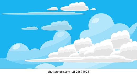 Cielo con la ilustración de las nubes en estilo plano. Cielo y fondo de nubes. Ilustración de dibujos animados de Vector nublado en color azul. Fondo de pantalla abstracto de Naturaleza.