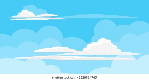 Sky with Clouds illustration in flat style. Sky and clouds background. Cloudy vector cartoon illustration in blue color. Nature abstract wallpaper.