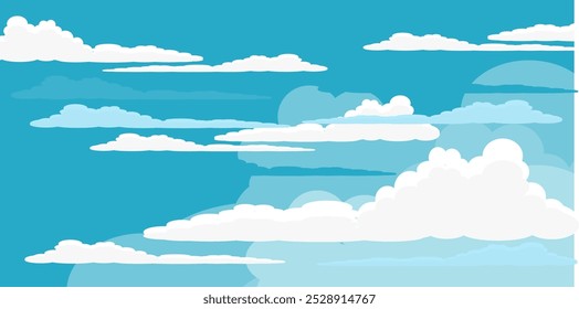 Cielo con la ilustración de las nubes en estilo plano. Cielo y fondo de nubes. Ilustración de dibujos animados de Vector nublado en color azul. Fondo de pantalla abstracto de Naturaleza.
