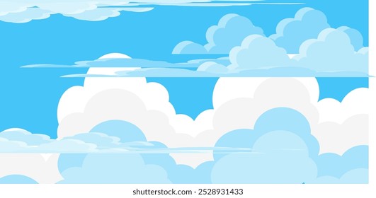 Ilustração de Céu com Nuvens em estilo plano. Fundo do céu e das nuvens. Ilustração de desenho animado de vetor nublado em cor azul. Natureza abstrata papel de parede.