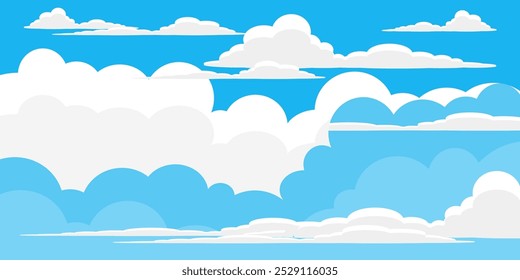 Sky with Clouds illustration in flat style. Sky and clouds background. Cloudy vector cartoon illustration in blue color. Nature abstract wallpaper.