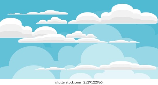 Sky with Clouds illustration in flat style. Sky and clouds background. Cloudy vector cartoon illustration in blue color. Nature abstract wallpaper.