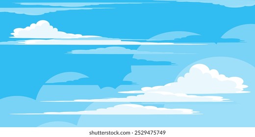 Sky with Clouds illustration in flat style. Sky and clouds background. Cloudy vector cartoon illustration in blue color. Nature abstract wallpaper.