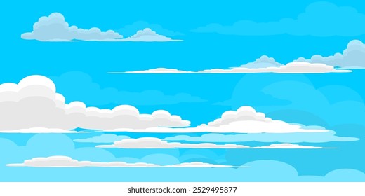 Sky with Clouds illustration in flat style. Sky and clouds background. Cloudy vector cartoon illustration in blue color. Nature abstract wallpaper.