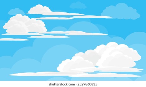 Himmel mit Wolken Illustration im flachen Stil. Himmel und Wolken Hintergrund. Trübe Vektorkarikatur in blauer Farbe. Natur abstrakte Tapete.