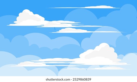 Cielo con la ilustración de las nubes en estilo plano. Cielo y fondo de nubes. Ilustración de dibujos animados de Vector nublado en color azul. Fondo de pantalla abstracto de Naturaleza.