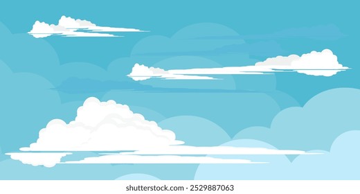 Ilustração de Céu com Nuvens em estilo plano. Fundo do céu e das nuvens. Ilustração de desenho animado de vetor nublado em cor azul. Natureza abstrata papel de parede.