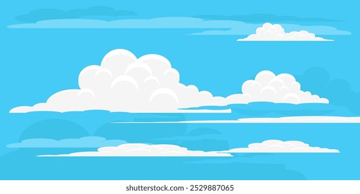 Sky with Clouds illustration in flat style. Sky and clouds background. Cloudy vector cartoon illustration in blue color. Nature abstract wallpaper.