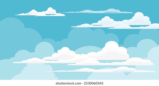 Sky with Clouds illustration in flat style. Sky and clouds background. Cloudy vector cartoon illustration in blue color. Nature abstract wallpaper.