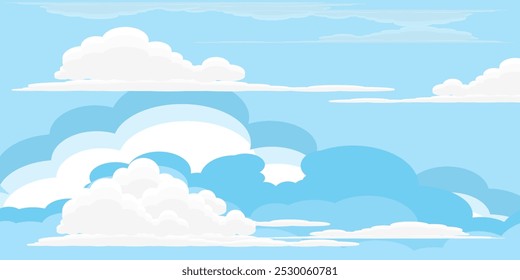 Himmel mit Wolken Illustration im flachen Stil. Himmel und Wolken Hintergrund. Trübe Vektorkarikatur in blauer Farbe. Natur abstrakte Tapete.