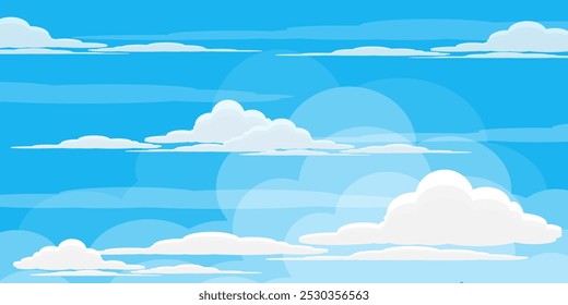 Sky with Clouds illustration in flat style. Sky and clouds background. Cloudy vector cartoon illustration in blue color. Nature abstract wallpaper.