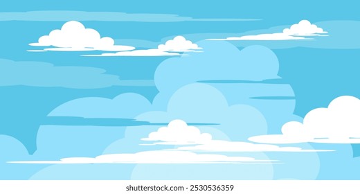 Ilustração de Céu com Nuvens em estilo plano. Fundo do céu e das nuvens. Ilustração de desenho animado de vetor nublado em cor azul. Natureza abstrata papel de parede.