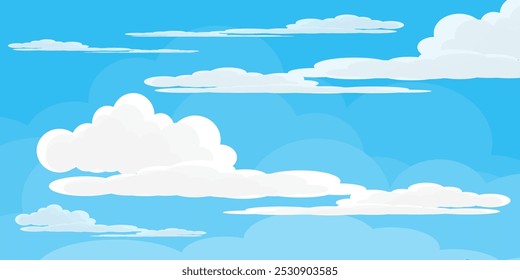 Himmel mit Wolken Illustration im flachen Stil. Himmel und Wolken Hintergrund. Trübe Vektorkarikatur in blauer Farbe. Natur abstrakte Tapete.