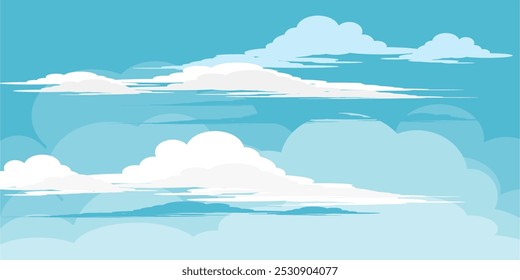 Sky with Clouds illustration in flat style. Sky and clouds background. Cloudy vector cartoon illustration in blue color. Nature abstract wallpaper.