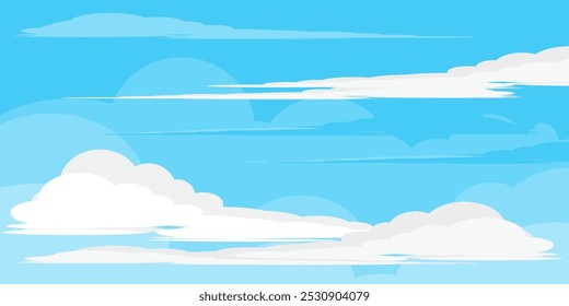Cielo con la ilustración de las nubes en estilo plano. Cielo y fondo de nubes. Ilustración de dibujos animados de Vector nublado en color azul. Fondo de pantalla abstracto de Naturaleza.