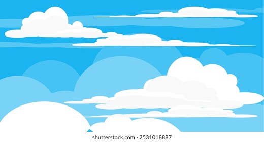 Ilustração de Céu com Nuvens em estilo plano. Fundo do céu e das nuvens. Ilustração de desenho animado de vetor nublado em cor azul. Natureza abstrata papel de parede.