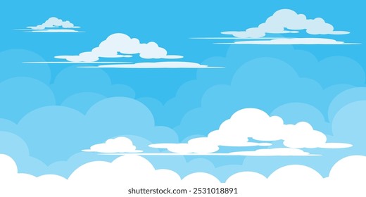 Himmel mit Wolken Illustration im flachen Stil. Himmel und Wolken Hintergrund. Trübe Vektorkarikatur in blauer Farbe. Natur abstrakte Tapete.