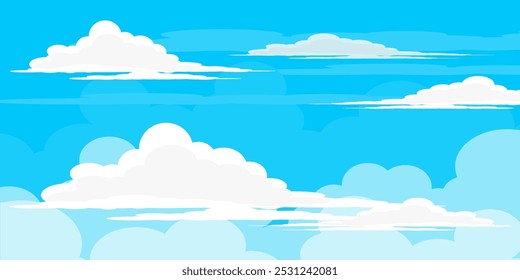 Himmel mit Wolken Illustration im flachen Stil. Himmel und Wolken Hintergrund. Trübe Vektorkarikatur in blauer Farbe. Natur abstrakte Tapete.