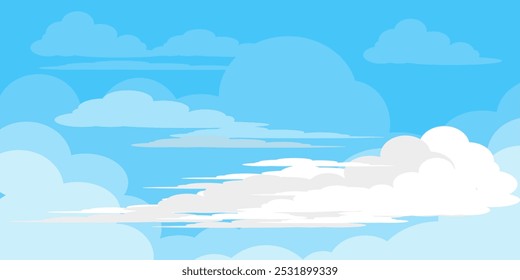 Sky with Clouds illustration in flat style. Sky and clouds background. Cloudy vector cartoon illustration in blue color. Nature abstract wallpaper.