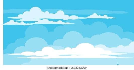 Sky with Clouds illustration in flat style. Sky and clouds background. Cloudy vector cartoon illustration in blue color. Nature abstract wallpaper.