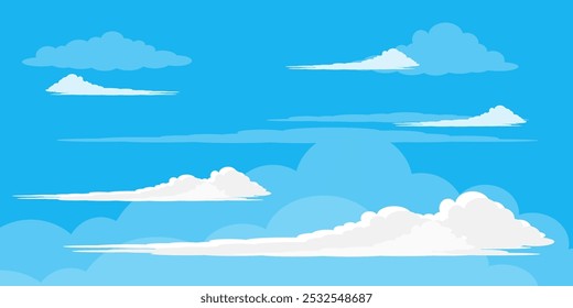 Sky with Clouds illustration in flat style. Sky and clouds background. Cloudy vector cartoon illustration in blue color. Nature abstract wallpaper.