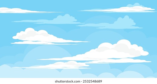 Ilustração de Céu com Nuvens em estilo plano. Fundo do céu e das nuvens. Ilustração de desenho animado de vetor nublado em cor azul. Natureza abstrata papel de parede.