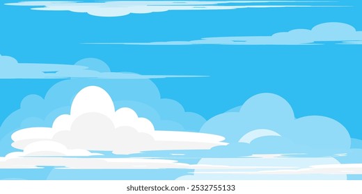 Sky with Clouds illustration in flat style. Sky and clouds background. Cloudy vector cartoon illustration in blue color. Nature abstract wallpaper.