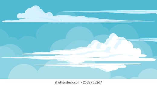 Ilustração de Céu com Nuvens em estilo plano. Fundo do céu e das nuvens. Ilustração de desenho animado de vetor nublado em cor azul. Natureza abstrata papel de parede.