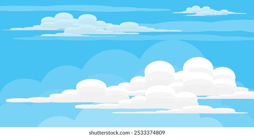 Sky with Clouds illustration in flat style. Sky and clouds background. Cloudy vector cartoon illustration in blue color. Nature abstract wallpaper.