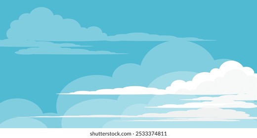 Ilustração de Céu com Nuvens em estilo plano. Fundo do céu e das nuvens. Ilustração de desenho animado de vetor nublado em cor azul. Natureza abstrata papel de parede.