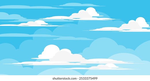 Cielo con la ilustración de las nubes en estilo plano. Cielo y fondo de nubes. Ilustración de dibujos animados de Vector nublado en color azul. Fondo de pantalla abstracto de Naturaleza.