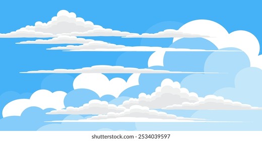 Cielo con la ilustración de las nubes en estilo plano. Cielo y fondo de nubes. Ilustración de dibujos animados de Vector nublado en color azul. Fondo de pantalla abstracto de Naturaleza.
