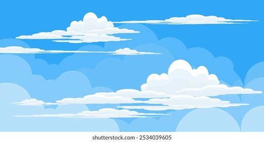 Sky with Clouds illustration in flat style. Sky and clouds background. Cloudy vector cartoon illustration in blue color. Nature abstract wallpaper.