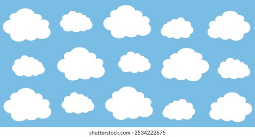 Cielo con la ilustración de las nubes en estilo plano. Cielo y fondo de nubes. Ilustración de dibujos animados de Vector nublado en color azul. Fondo de pantalla abstracto de Naturaleza.
