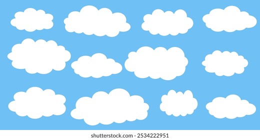 Ilustração de Céu com Nuvens em estilo plano. Fundo do céu e das nuvens. Ilustração de desenho animado de vetor nublado em cor azul. Natureza abstrata papel de parede.